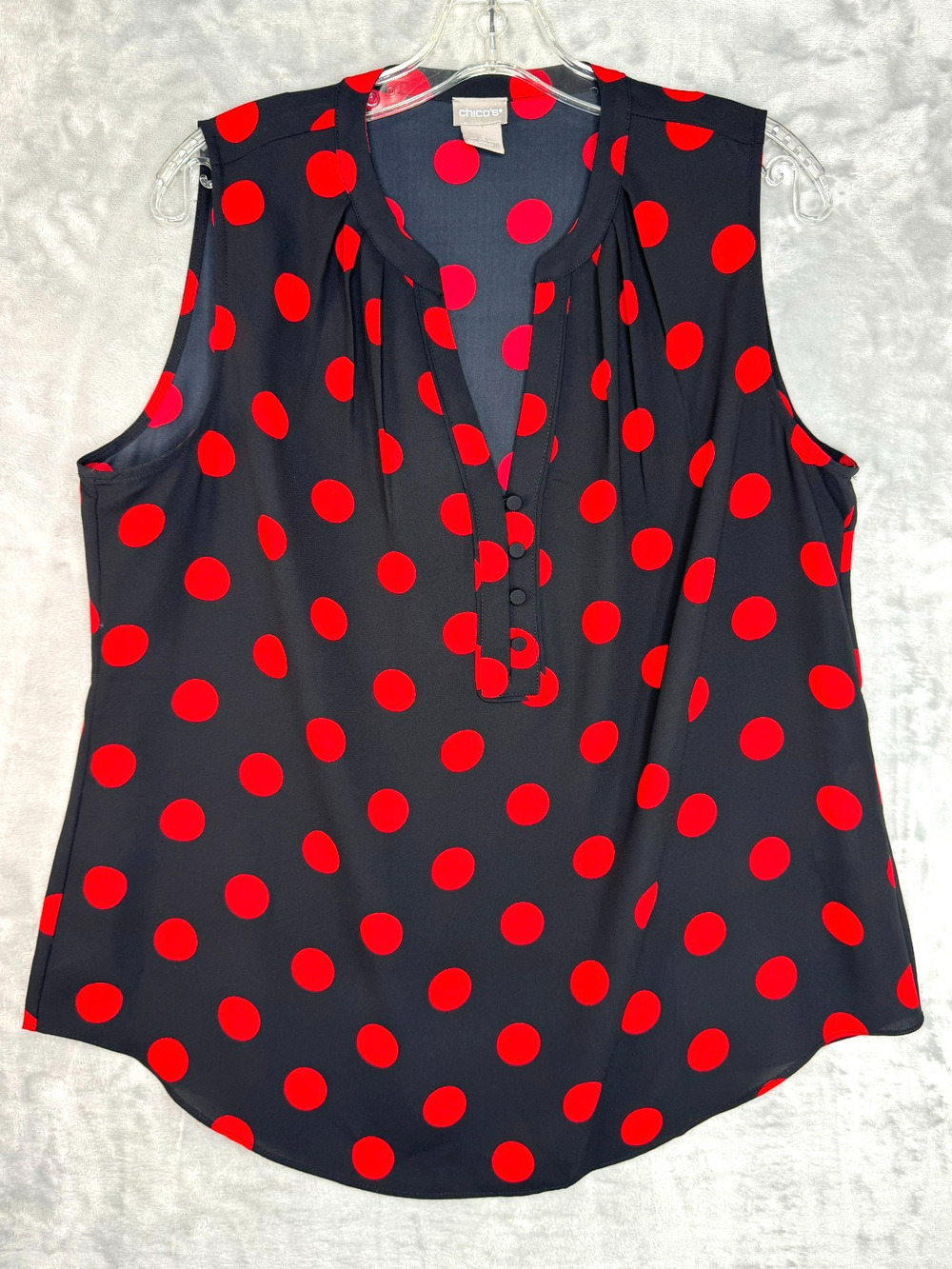 Chicos Top Womens 12 Black Red Polka Dot Sleeveless V Neck Button Blouse Career